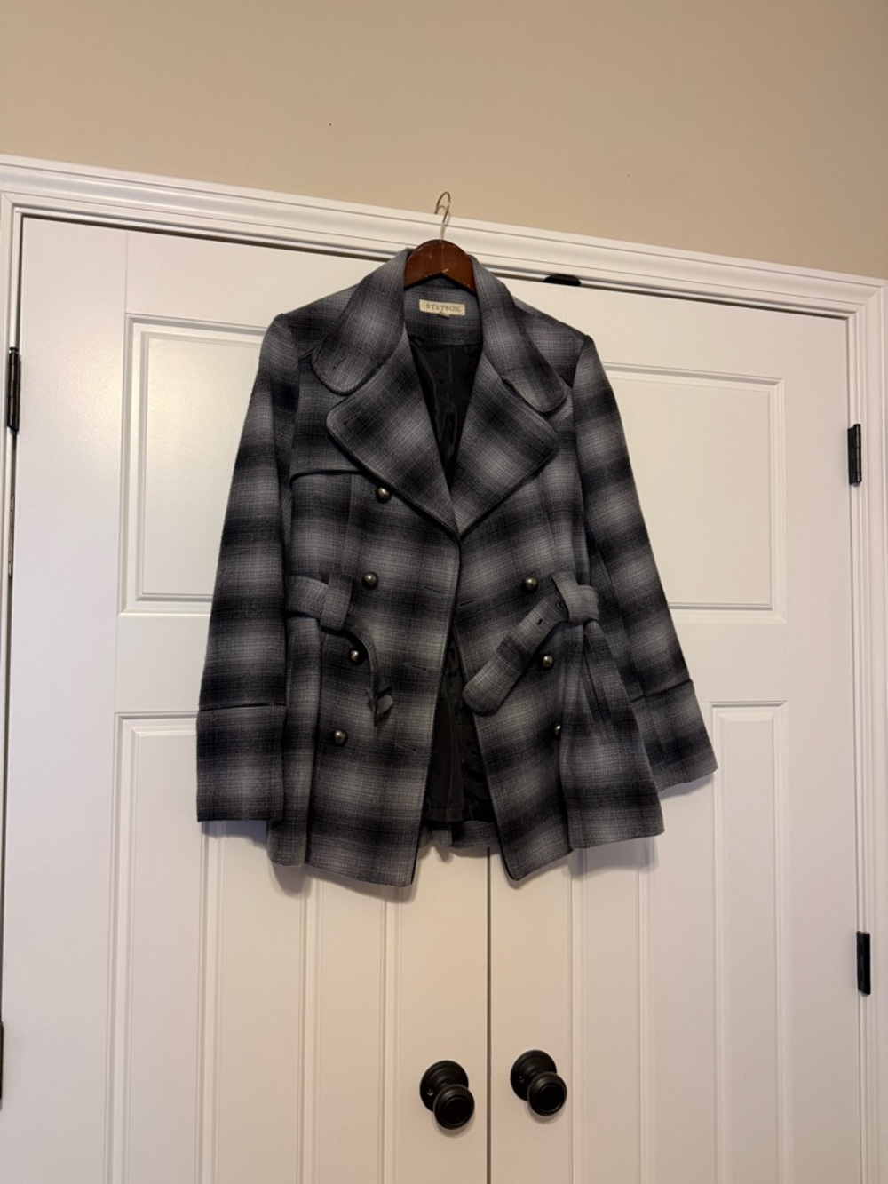 Stetson Black and Gray Plaid Double-Breasted Pea Coat